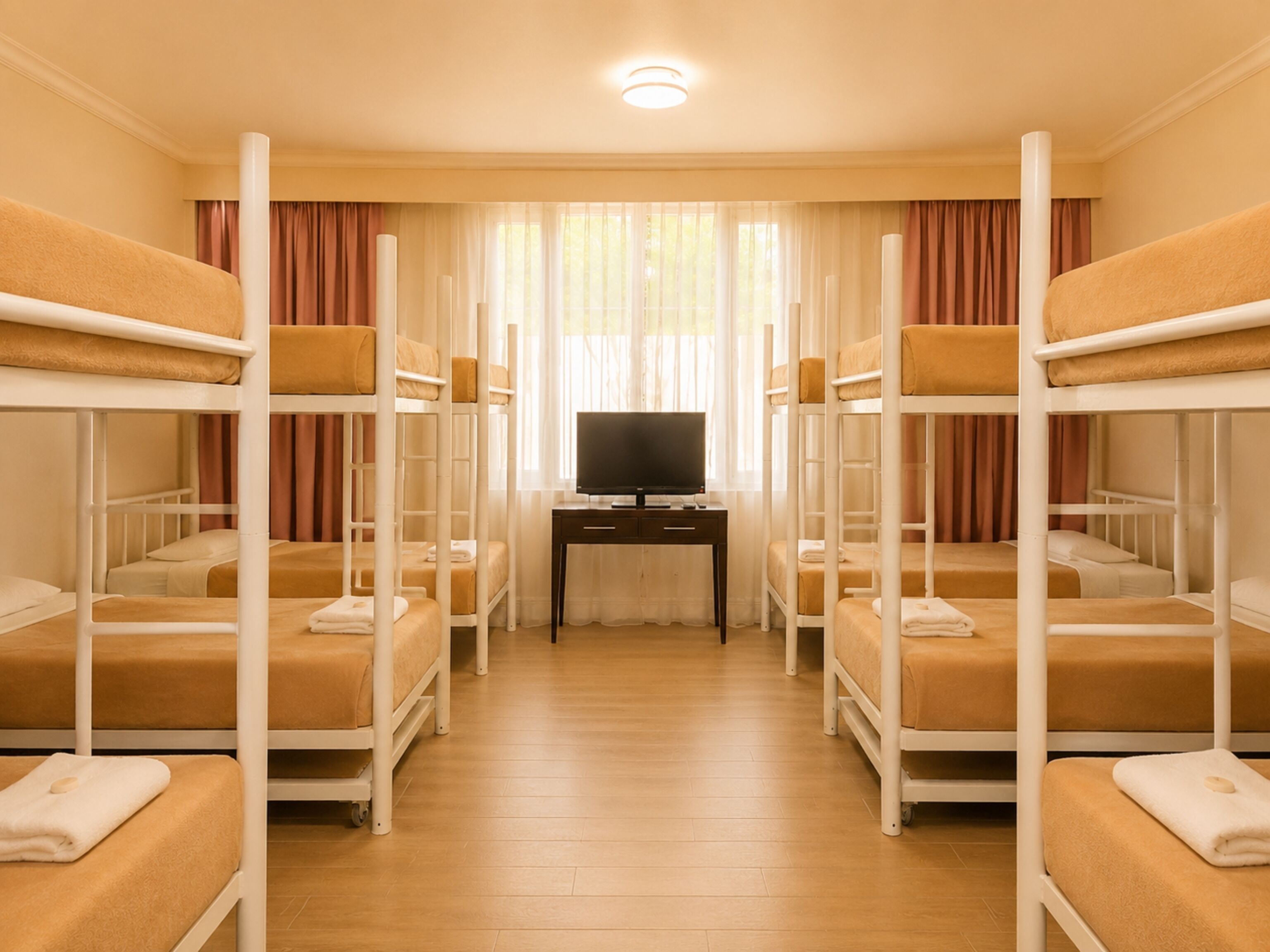 A room with bunk beds, a television on a desk, and curtains.
