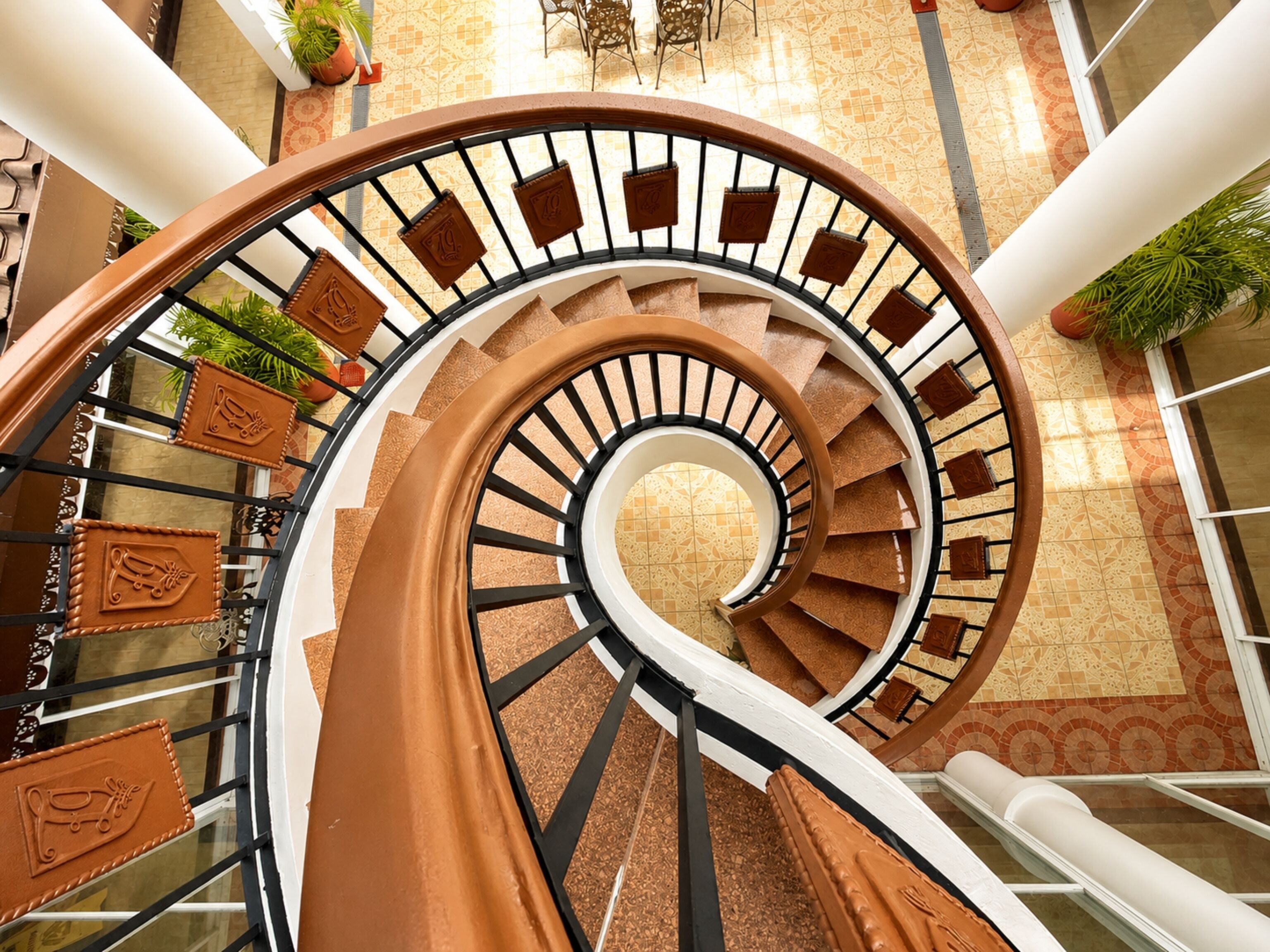 Una escalera de caracol con barandilla y suelo estampado.