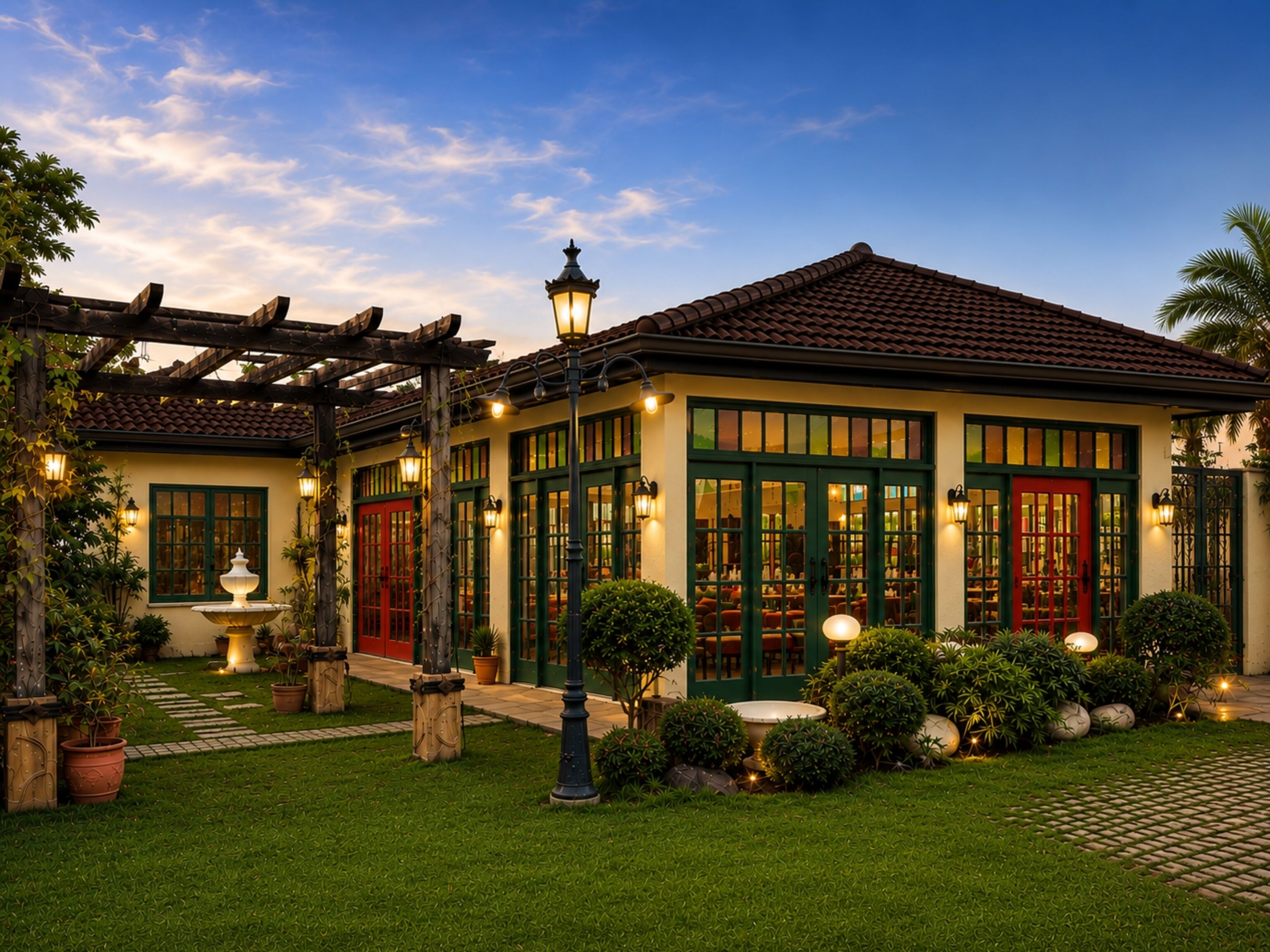 Un jardín cuidado con una fuente, una pérgola y un edificio con tejado de baldosas y ventanas con marco verde.