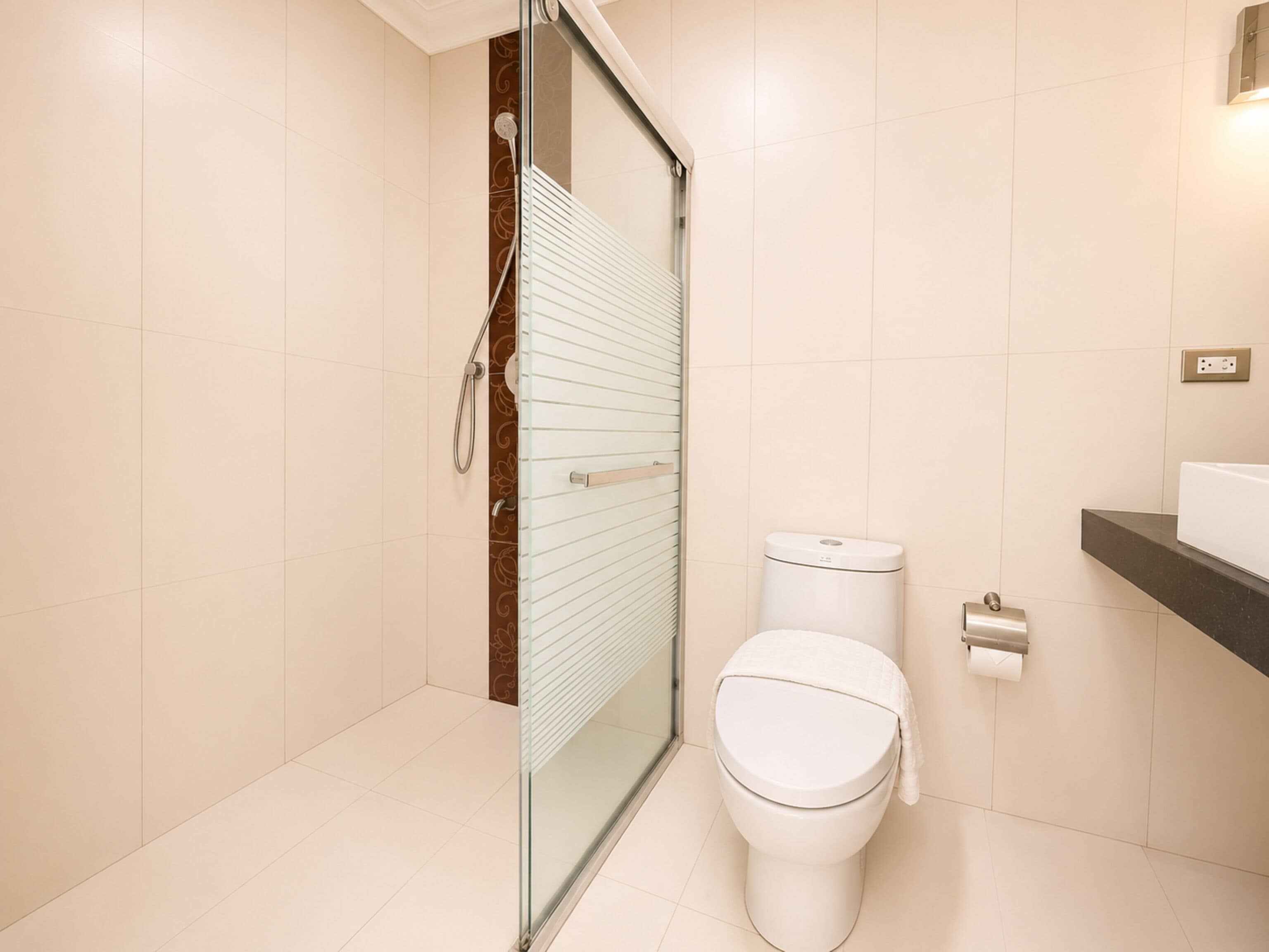Deluxe Room | Bathroom | Shower, rainfall showerhead, hair dryer, towels