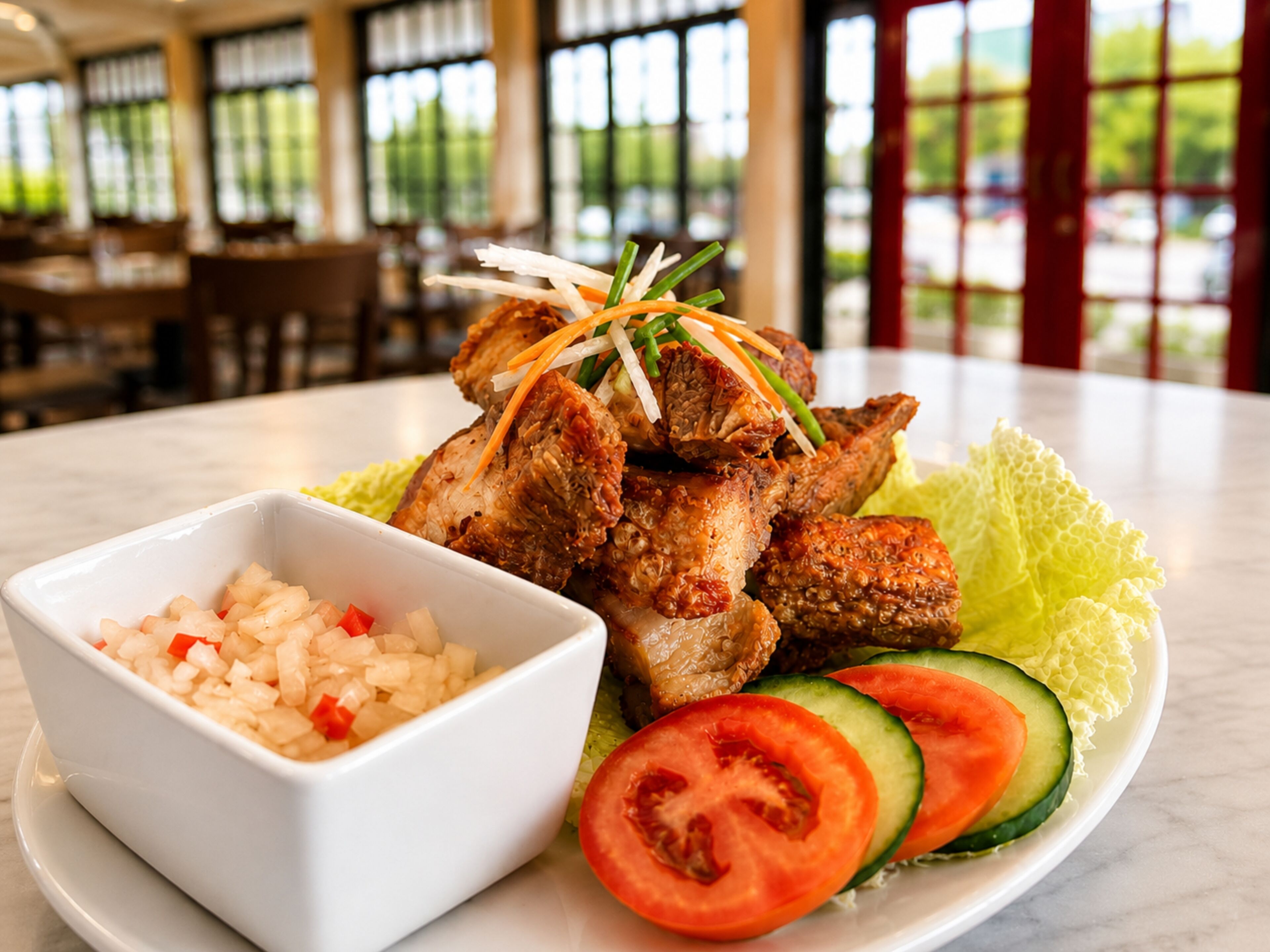 Un plato de pollo frito con verduras y cebolla picada.