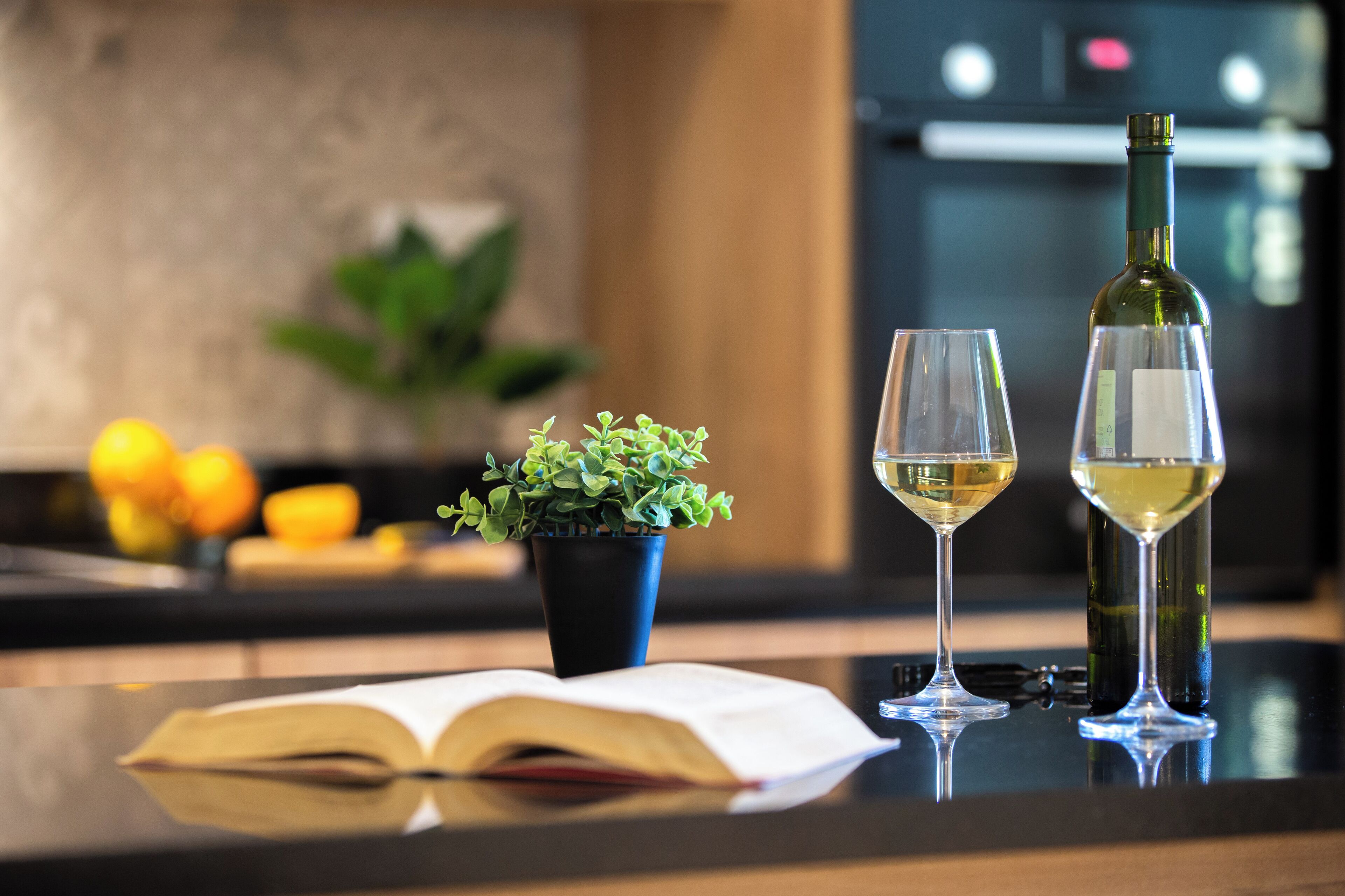 A kitchen counter with a potted plant, two wine glasses, and an open book.