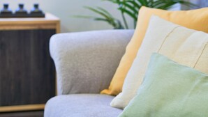 Un sofá con varios cojines en una paleta de colores neutros, una mesita de madera con objetos decorativos y una planta verde al fondo.