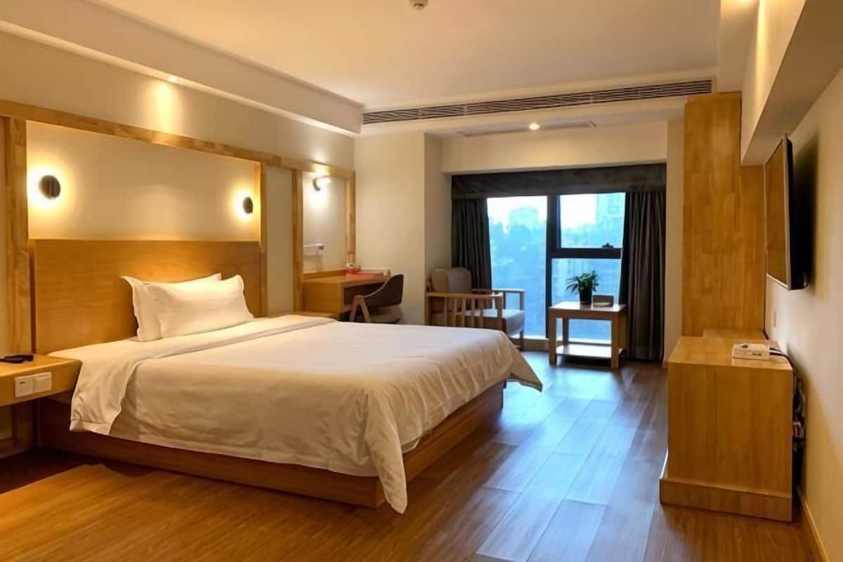 A hotel room with a large bed, a desk, a chair, a TV, and a view of the city.