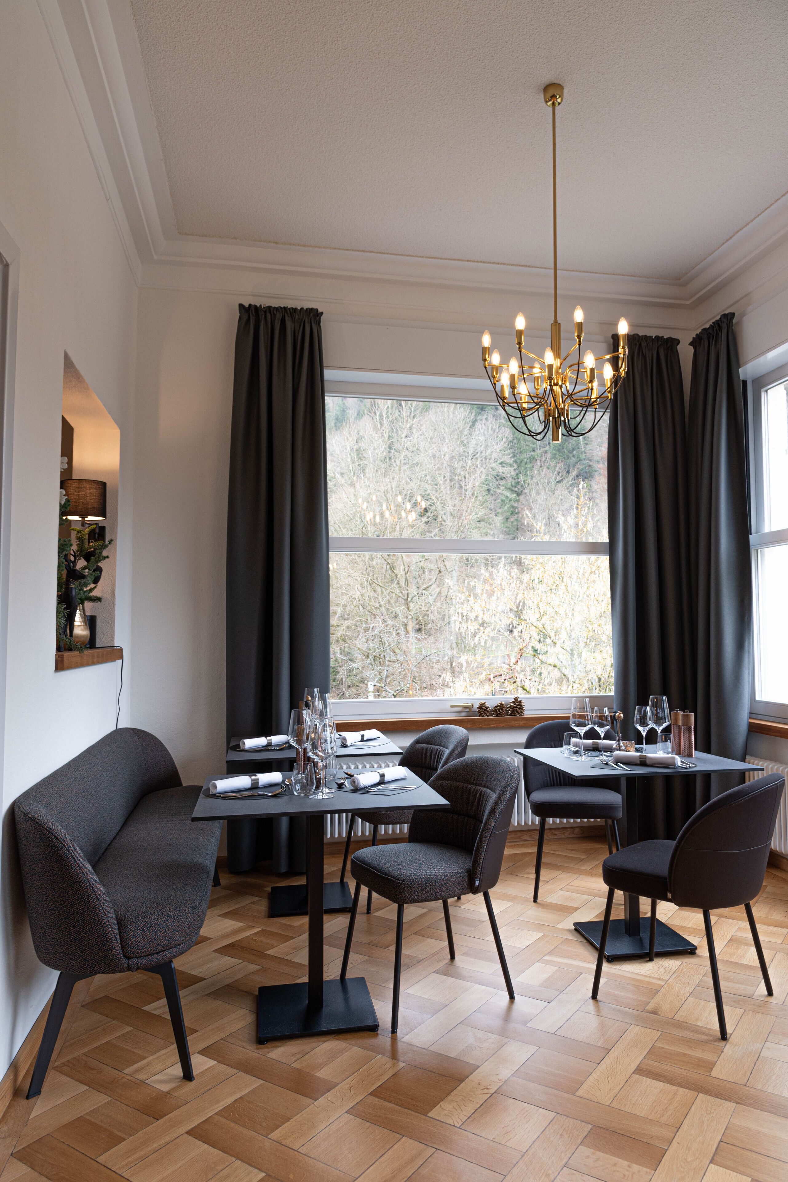 Een eetruimte met een tafel voor vier personen, een kroonluchter en uitzicht op bomen door grote ramen.