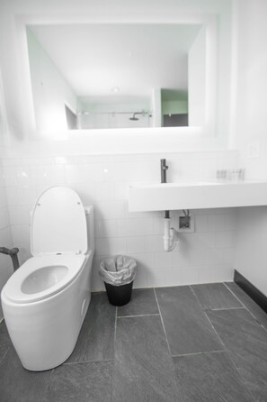 Een moderne badkamer met een wit toilet, een prullenbak en een witte wastafel met een spiegel erboven.