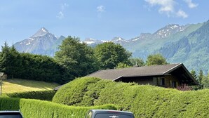 A mountain cabin with a sloped roof, surrounded by lush greenery and snow-capped mountains in the background. - Domizil Thirteen - Sauna and Glacier View (Kaprun)