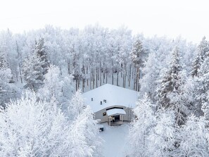 Une maison recouverte de neige, entourée d’une forêt dense.