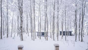 Bosque nevado con una pequeña cabaña y una valla de malla.