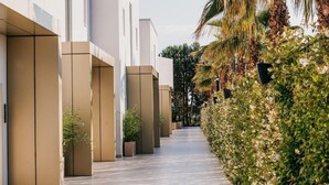 A corridor with modern architecture, featuring a series of white buildings with large windows and a pathway lined with greenery and palm trees.