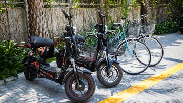 A row of electric scooters and bicycles parked on a tiled pavement with a yellow line, surrounded by greenery and a fence.