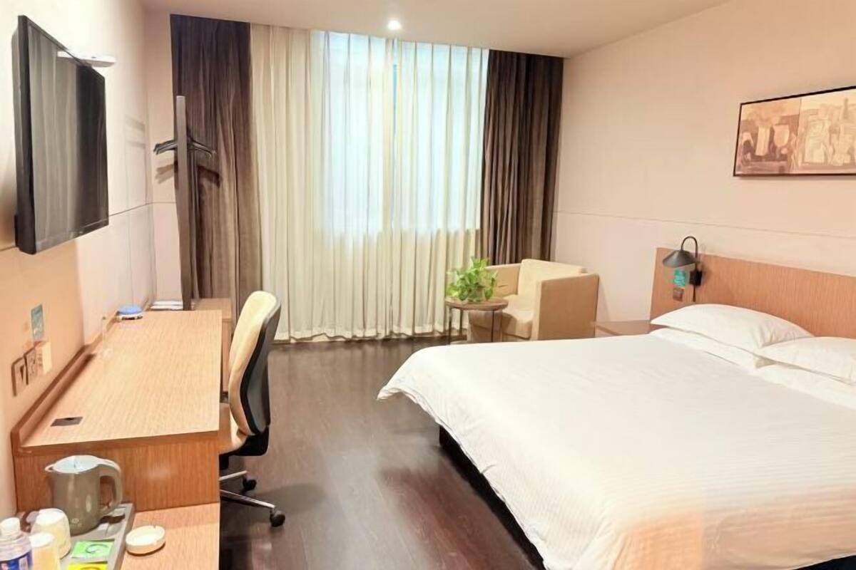 A hotel room with a bed, a desk with a chair, a small table with a plant, and a TV mounted on the wall.