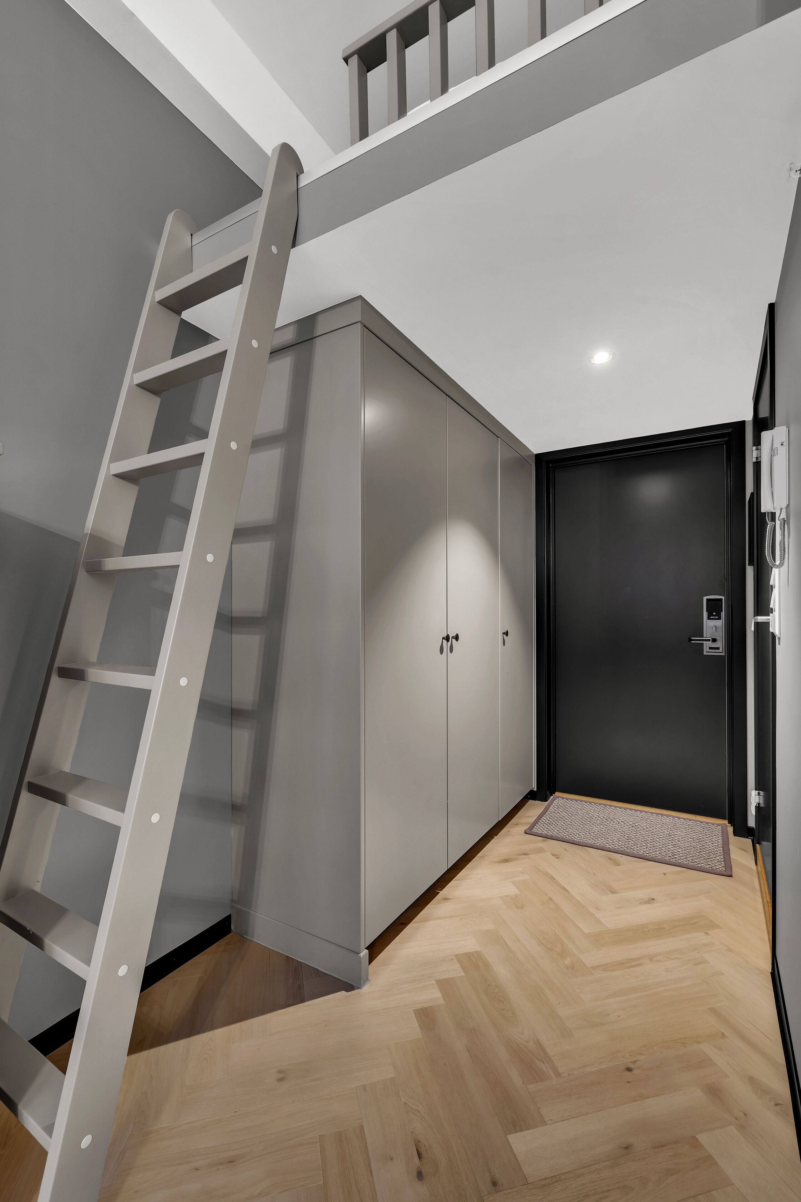 A modern interior with a wooden floor, a black door, and a white ladder against a grey wall.