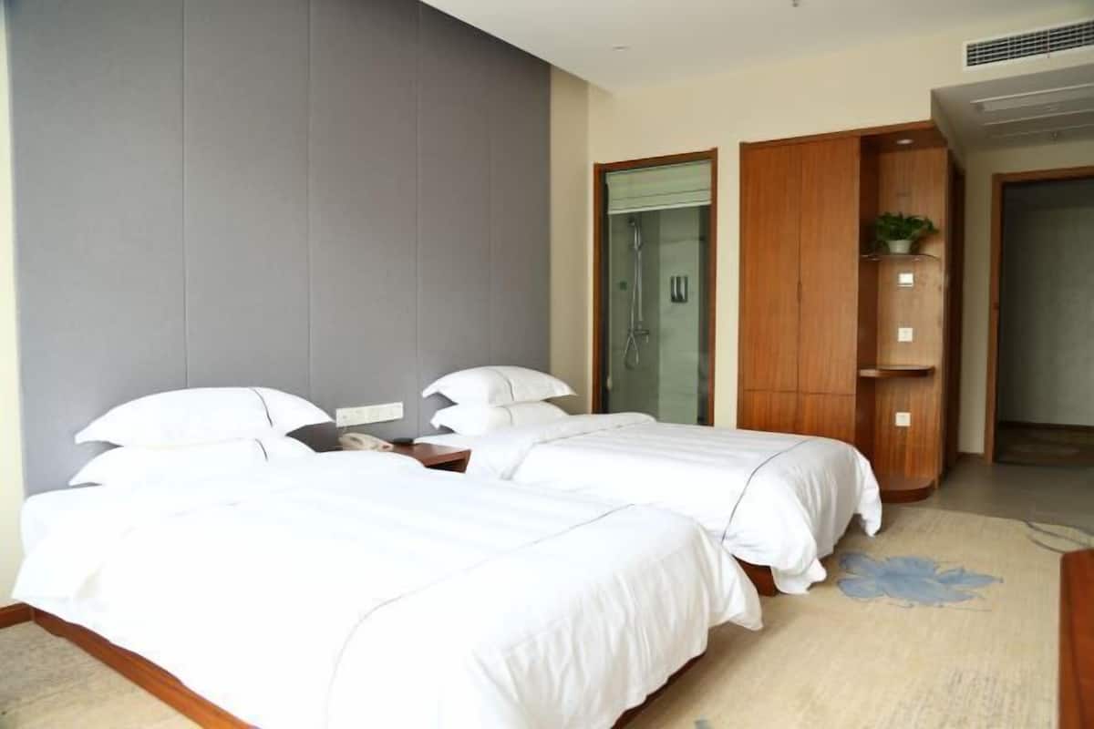 Une chambre d’hôtel avec deux lits, une douche, une armoire en bois et une petite plante.