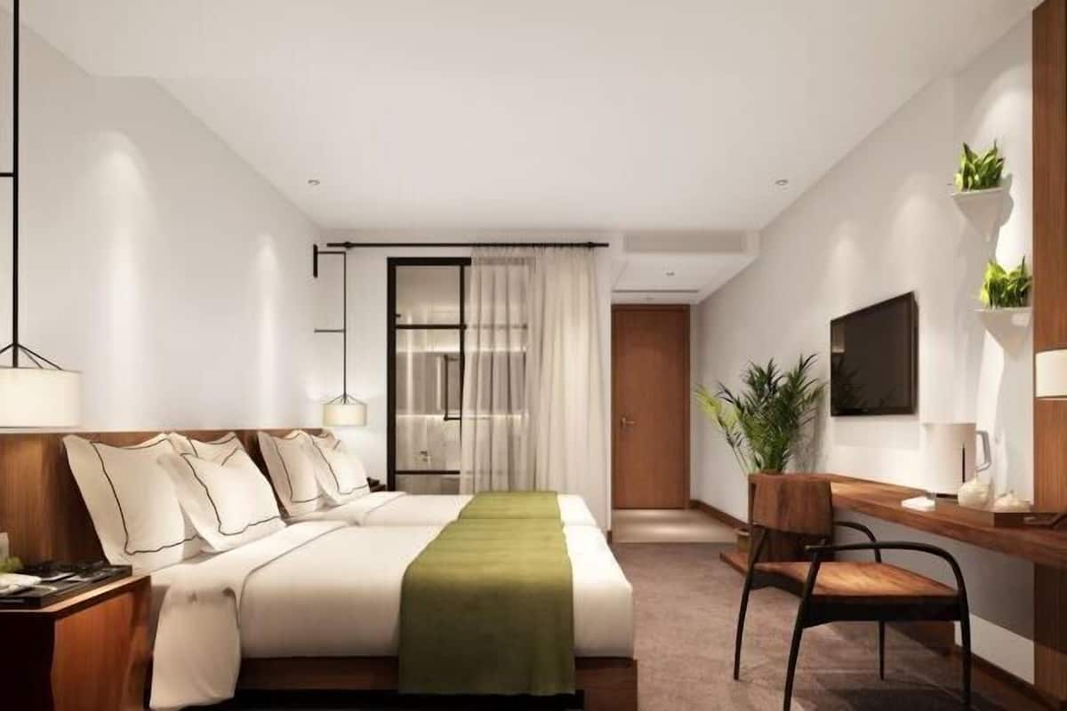 Une chambre d’hôtel moderne équipée d’un grand lit, d’un bureau, d’une chaise, d’une télévision et d’une plante.