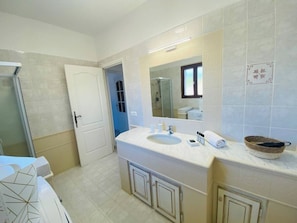 A bathroom with a large sink, a mirror, and a shower area. - Apartments in private residence with sea view, quiet and close to shops and beaches. (Solenzara)