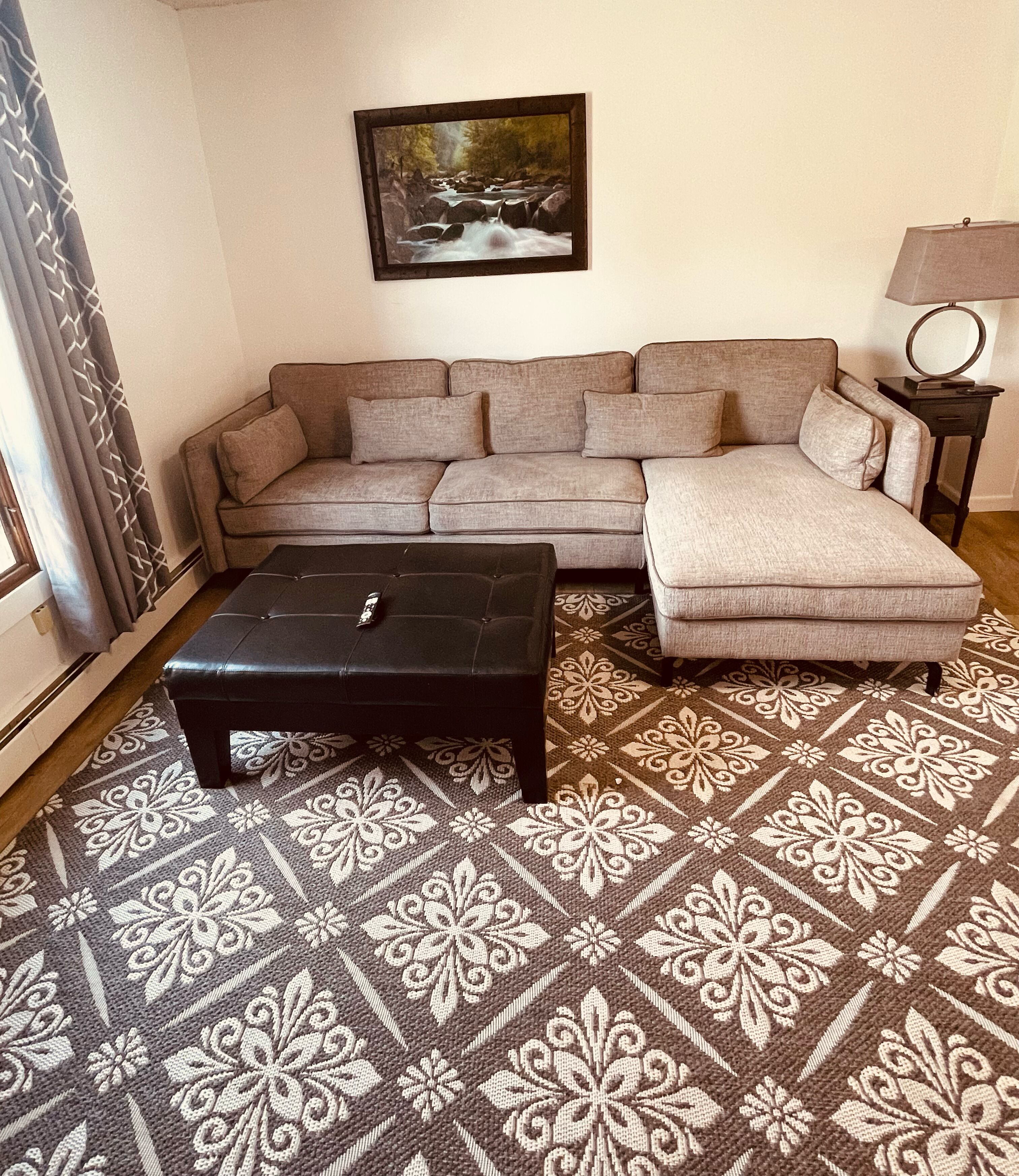 A living room with a sofa, ottoman, coffee table, patterned rug, and a painting on the wall.