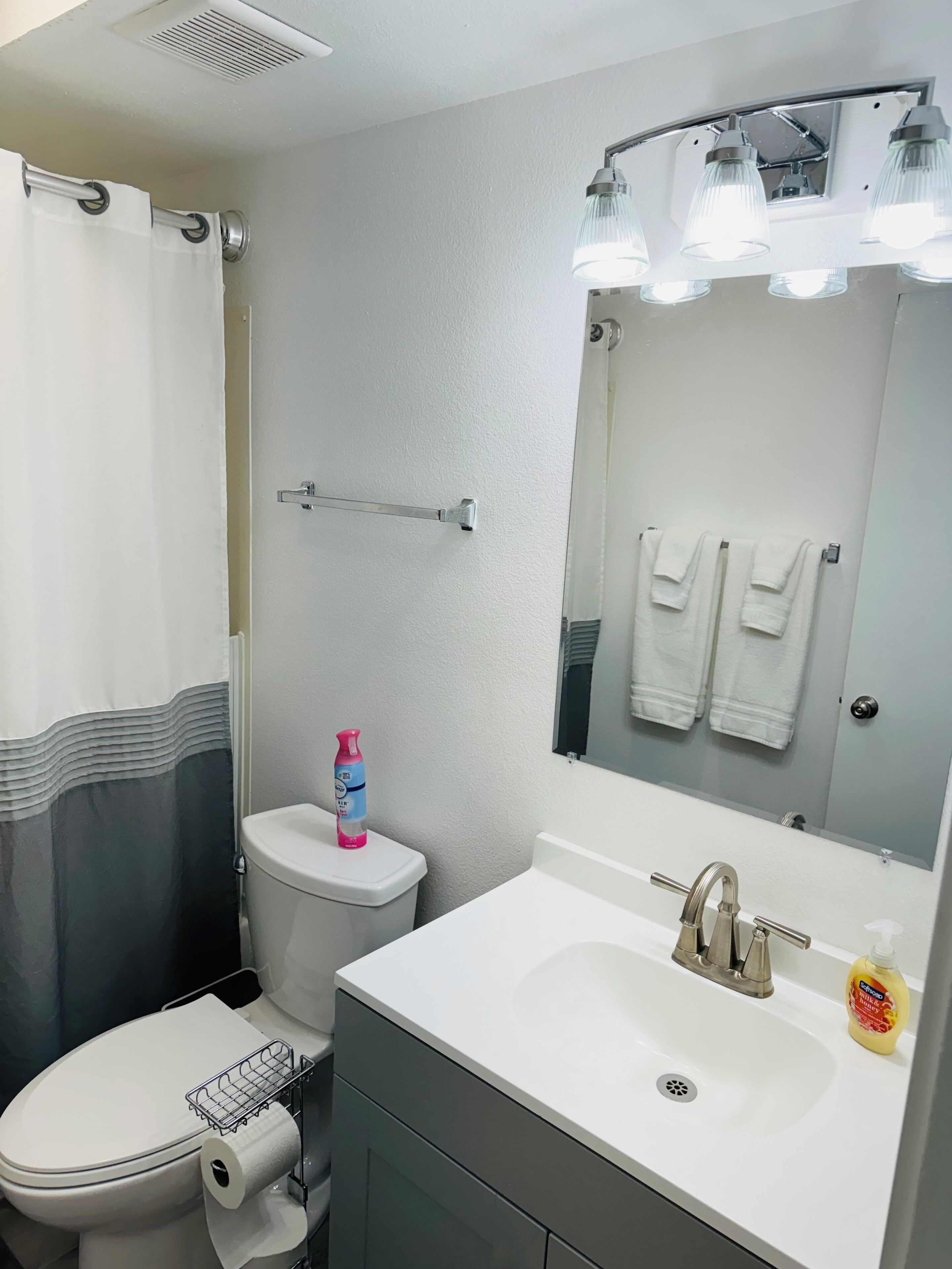 A bathroom with a toilet, sink, mirror, and shower curtain.
