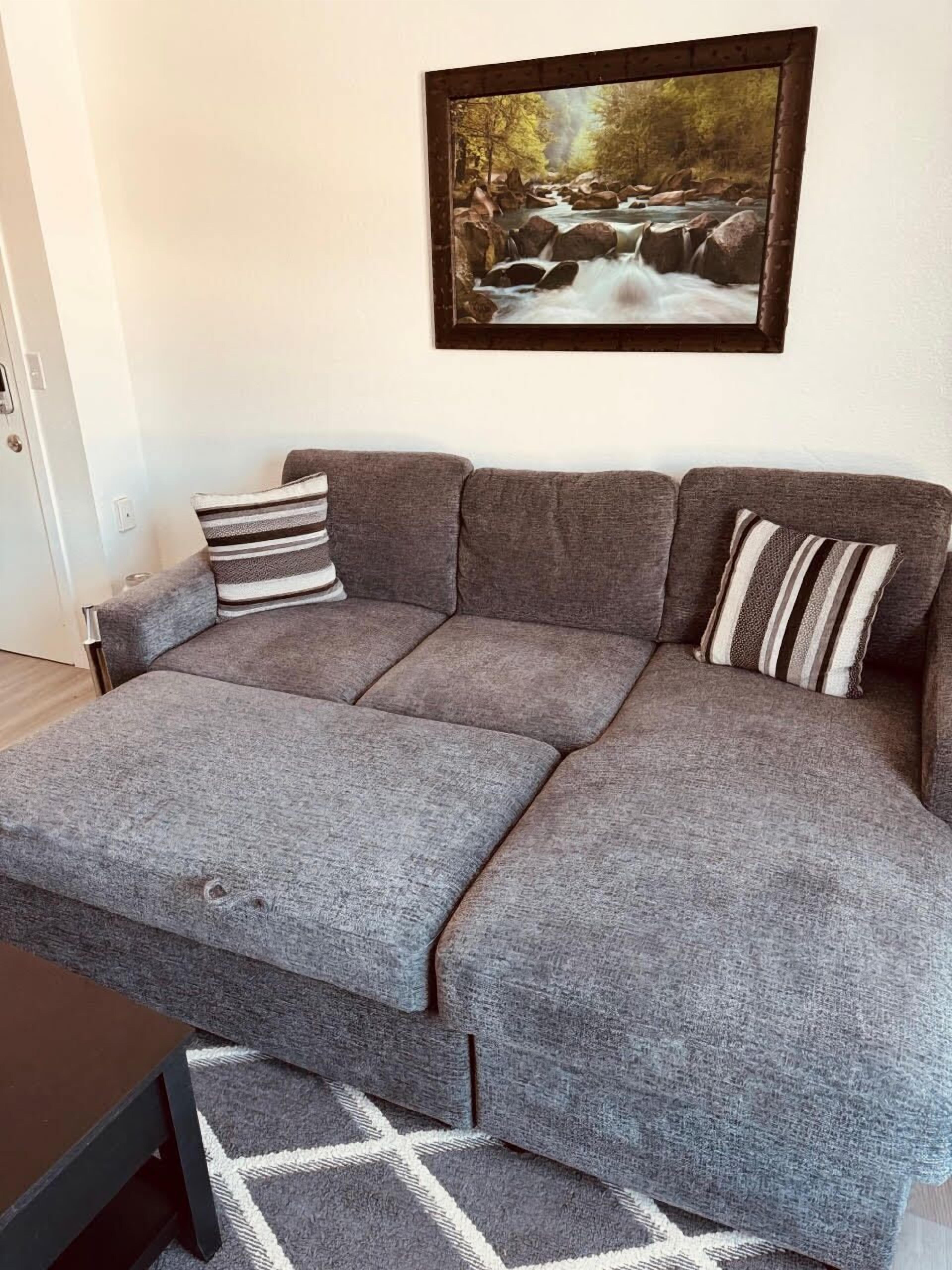 En grå, modulbaserad soffa med randiga kuddar, en inramad tavla med ett flodlandskap på väggen och en mönstrad matta på golvet.