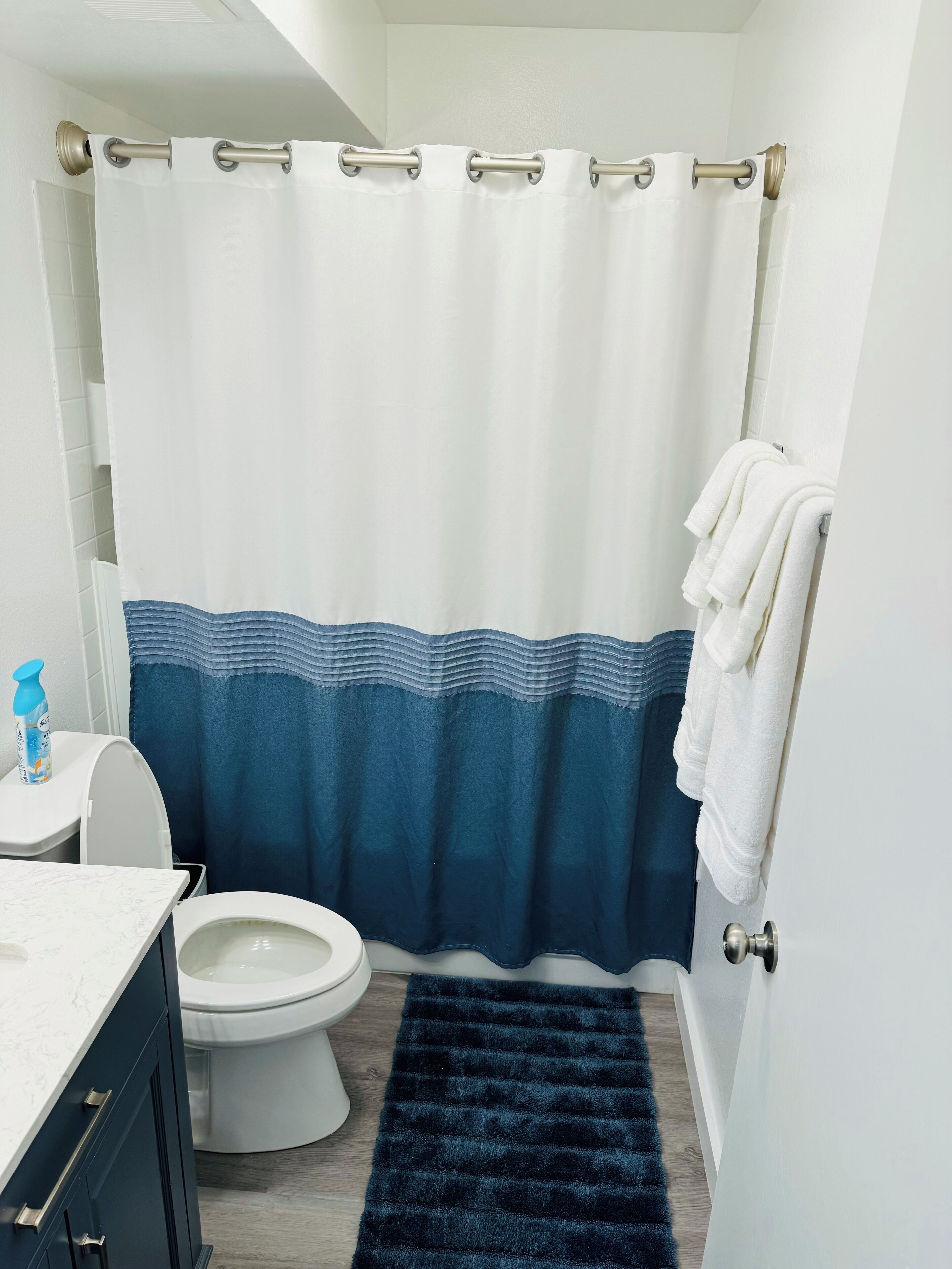 A bathroom with a shower curtain, a toilet, a sink, and a blue rug.