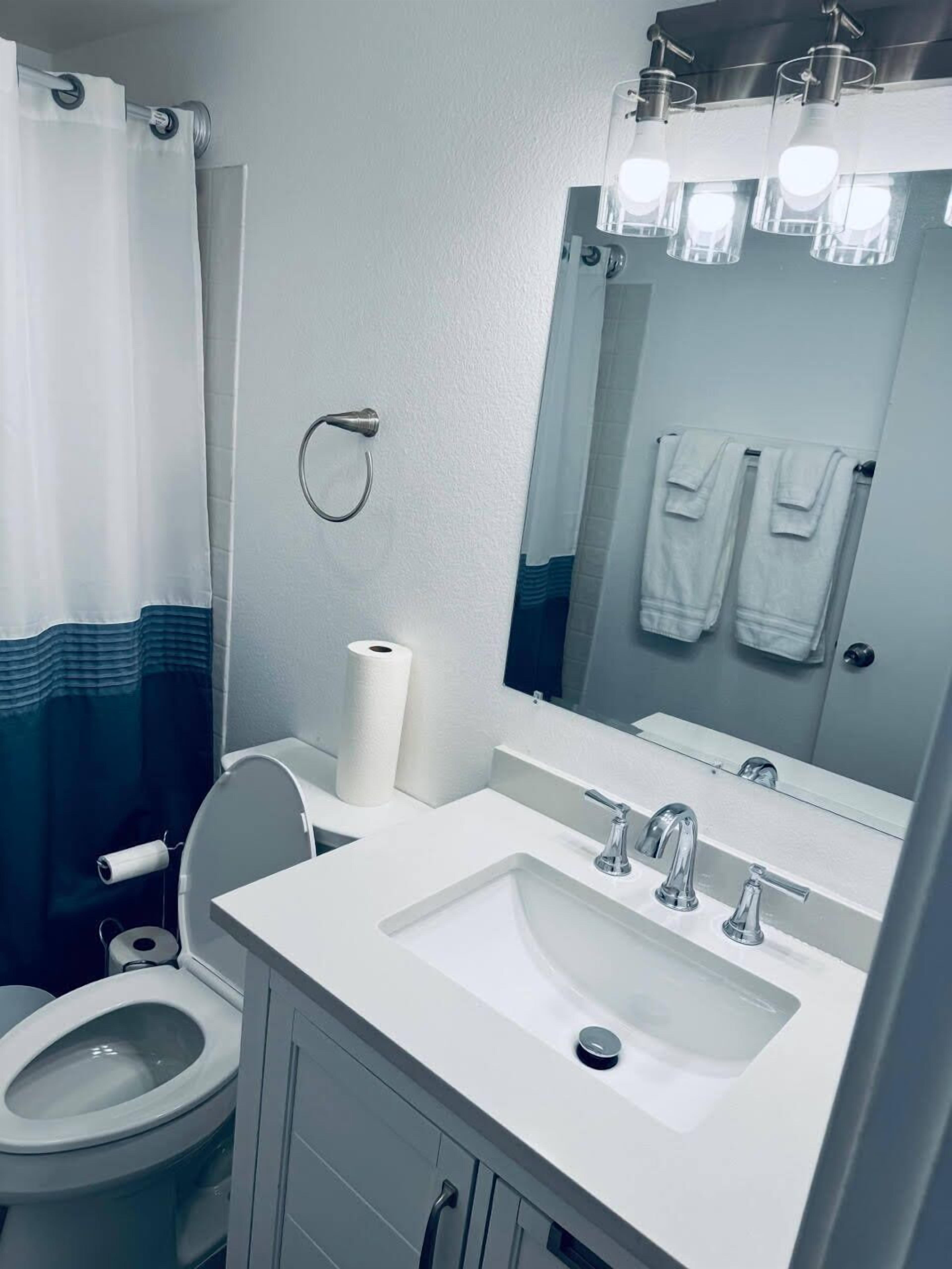 Une salle de bain moderne avec un lavabo blanc, deux robinets, des toilettes et un rideau de douche.