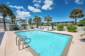 A swimming pool with a 5 ft depth marker, surrounded by palm trees and a white picket fence.