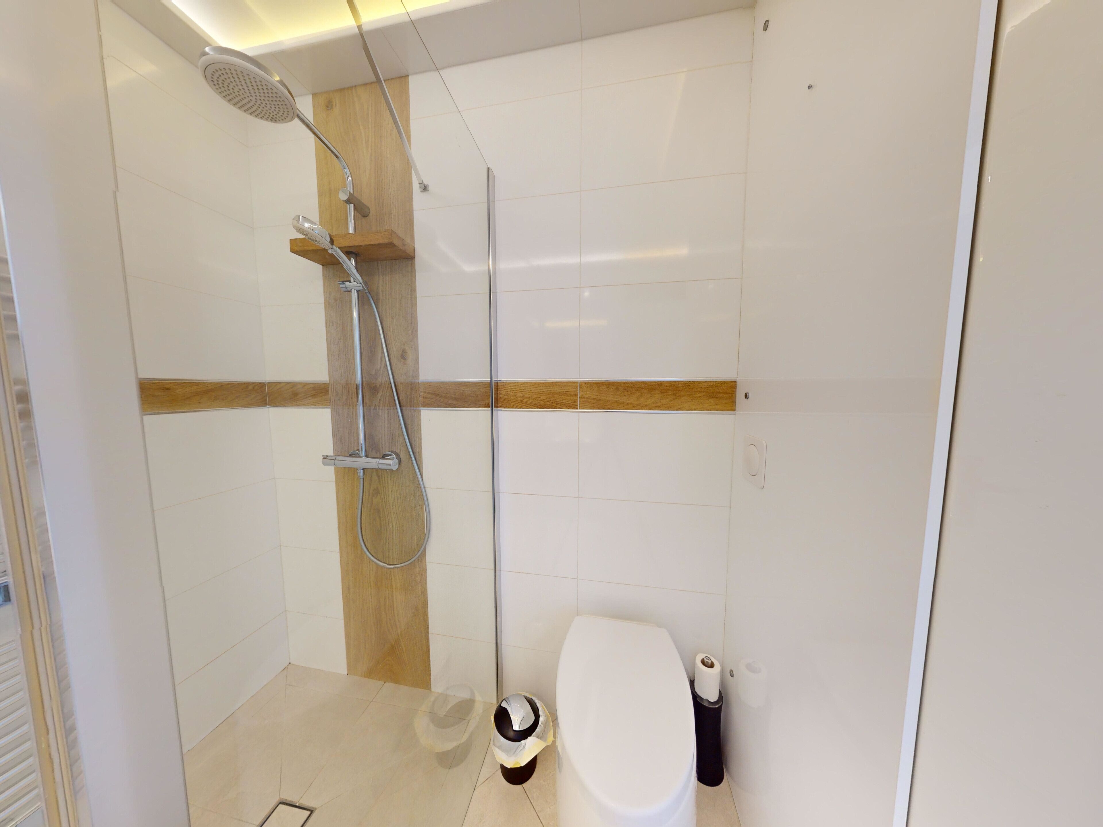 Et lille, moderne badeværelse med bruser, toilet og toiletpapirholder.