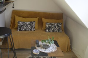 A small, cozy room with a brown sofa, two patterned pillows, a small table with a remote control, a decorative item, and a plant.