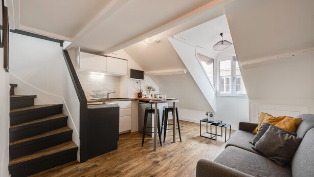 Un appartement de style « loft » comprenant une cuisine, un coin repas et un espace de vie.