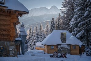 A log cabin with a snow-covered roof, surrounded by snow-laden trees and mountains in the background. - Rich Witch Villa&SPA (Koscielisko)