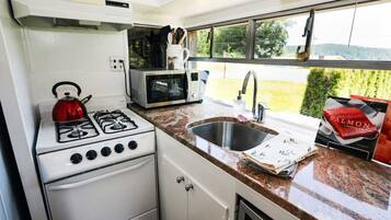 Fridge, oven, stovetop, coffee/tea maker