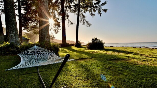 A hammock in a grassy area with trees and a view of the ocean. - 4 guest · Eddie Bauer`s former Beachfront Cottage (Sekiu)