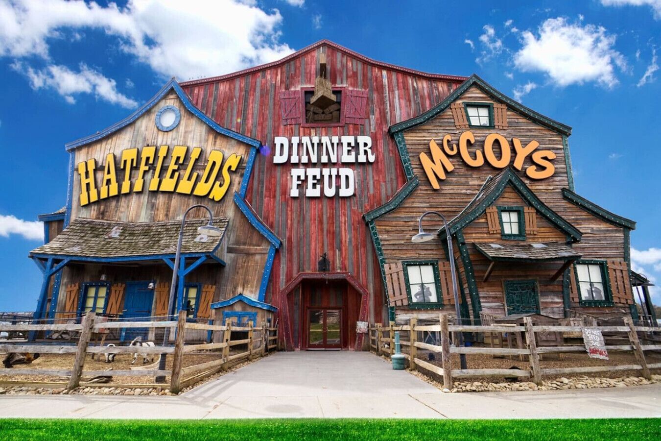 A rustic-themed building with signs for "Hatfields" and "McCoy's" dining areas.