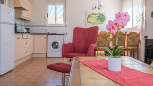Une cuisine compacte équipée d’un lave-linge, un coin repas avec une chaise rouge et une table agrémentée d’une plante en pot.