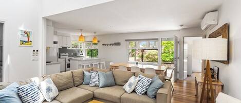 TV, fireplace, books