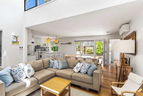 TV, fireplace, books