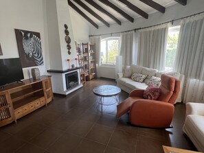 Smart TV, chimenea y libros 