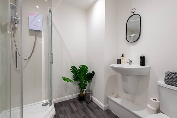 Apartment | Bathroom | Shower, hydromassage showerhead, towels, soap
