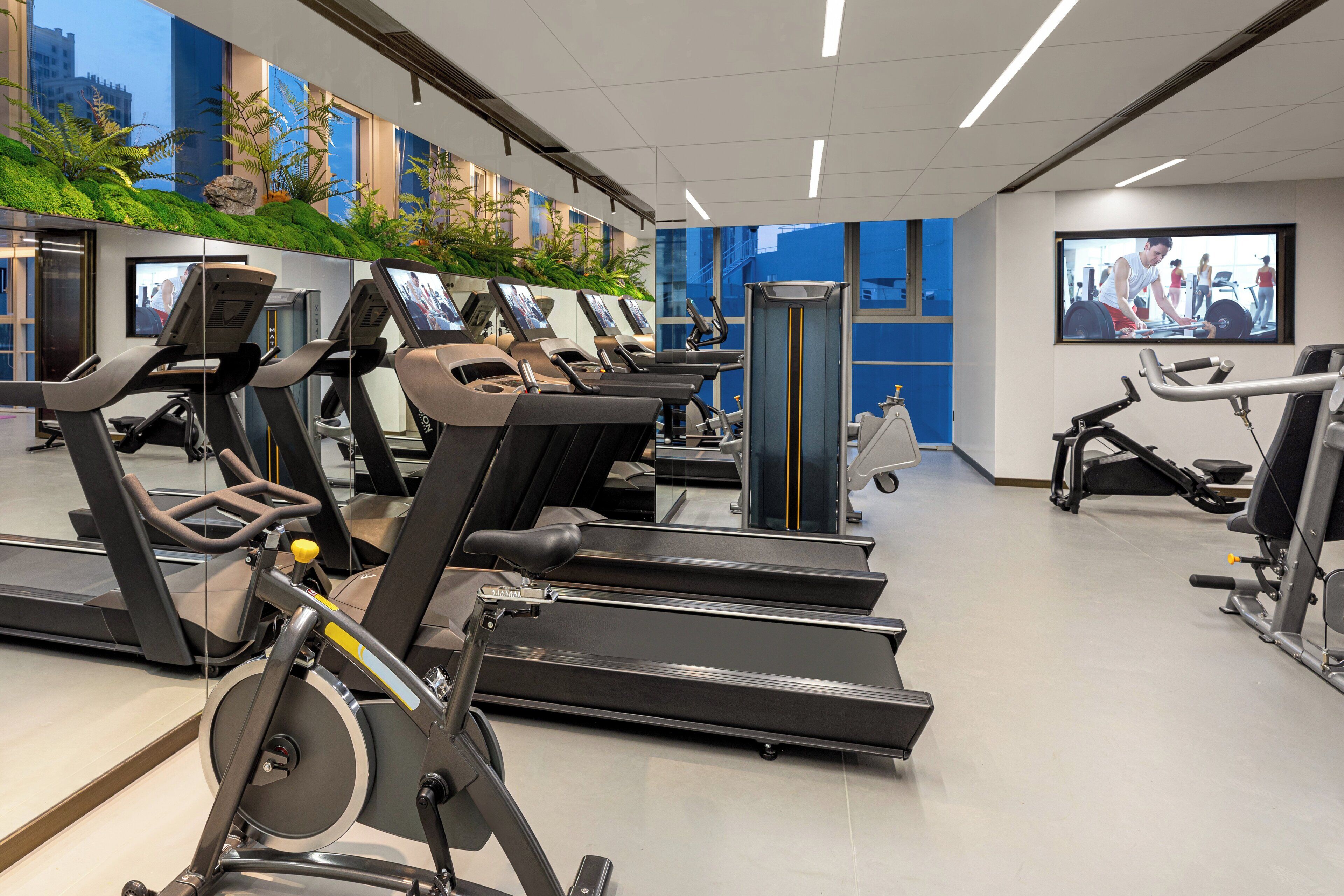 Un gimnasio con varias cintas de correr, bicicletas estáticas y una pantalla grande que muestra contenido de fitness.