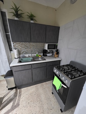 Fridge, microwave, oven, stovetop
