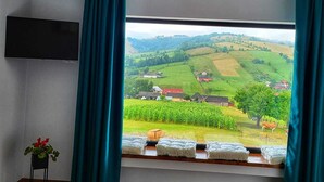 Een slaapkamer met een groot raam dat uitkijkt op een landelijk landschap, houten vloeren en een kamerplantje bij het bed.