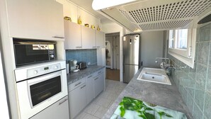 A modern kitchen with stainless steel appliances, a built-in oven, a microwave, a coffee maker, and a sink. - Viva Riviera Large 1 Bedroom with Sunny Terrace (Cannes)