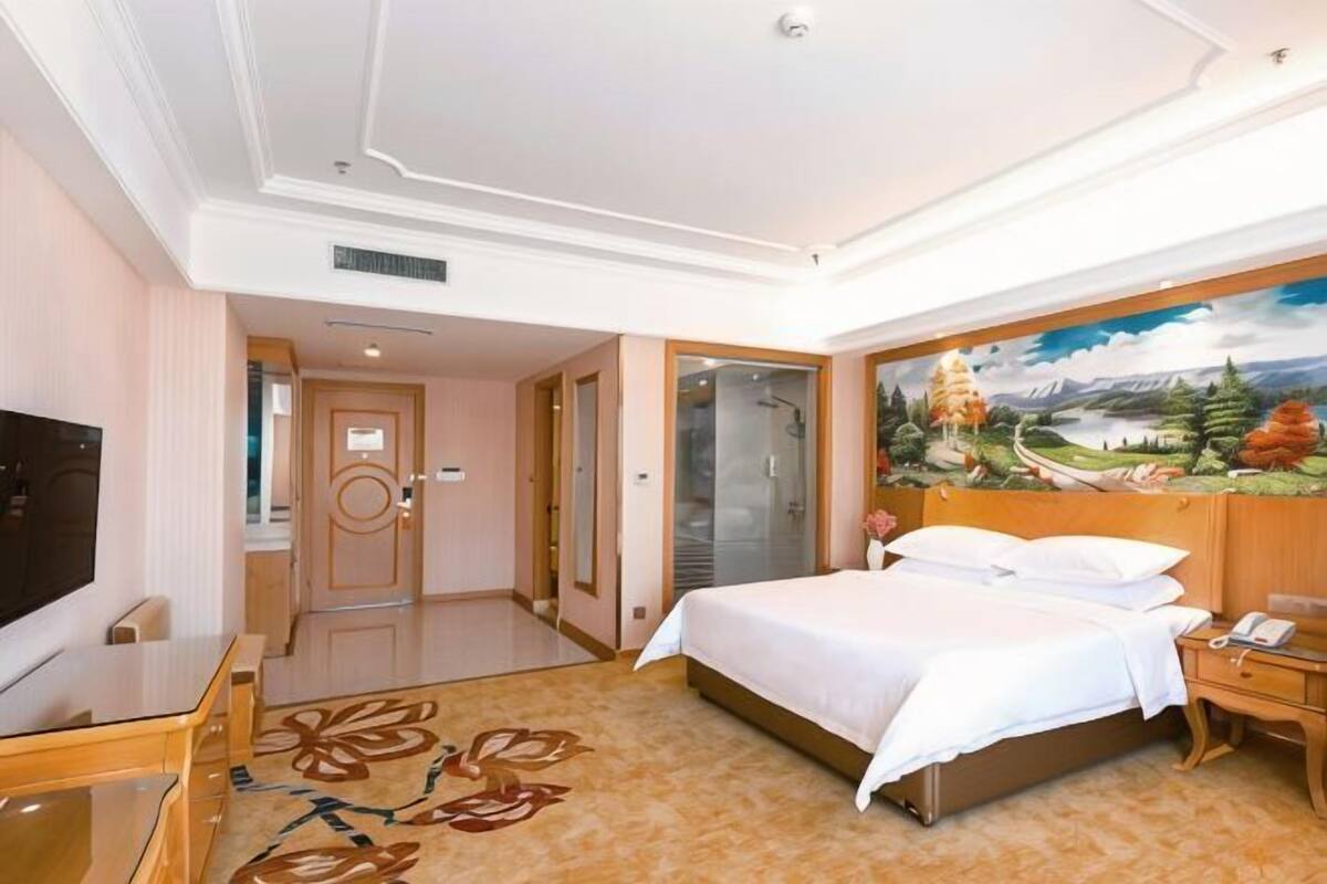 Une chambre d’hôtel avec un lit, un bureau, une télévision, un tableau au mur et une moquette à motifs floraux.