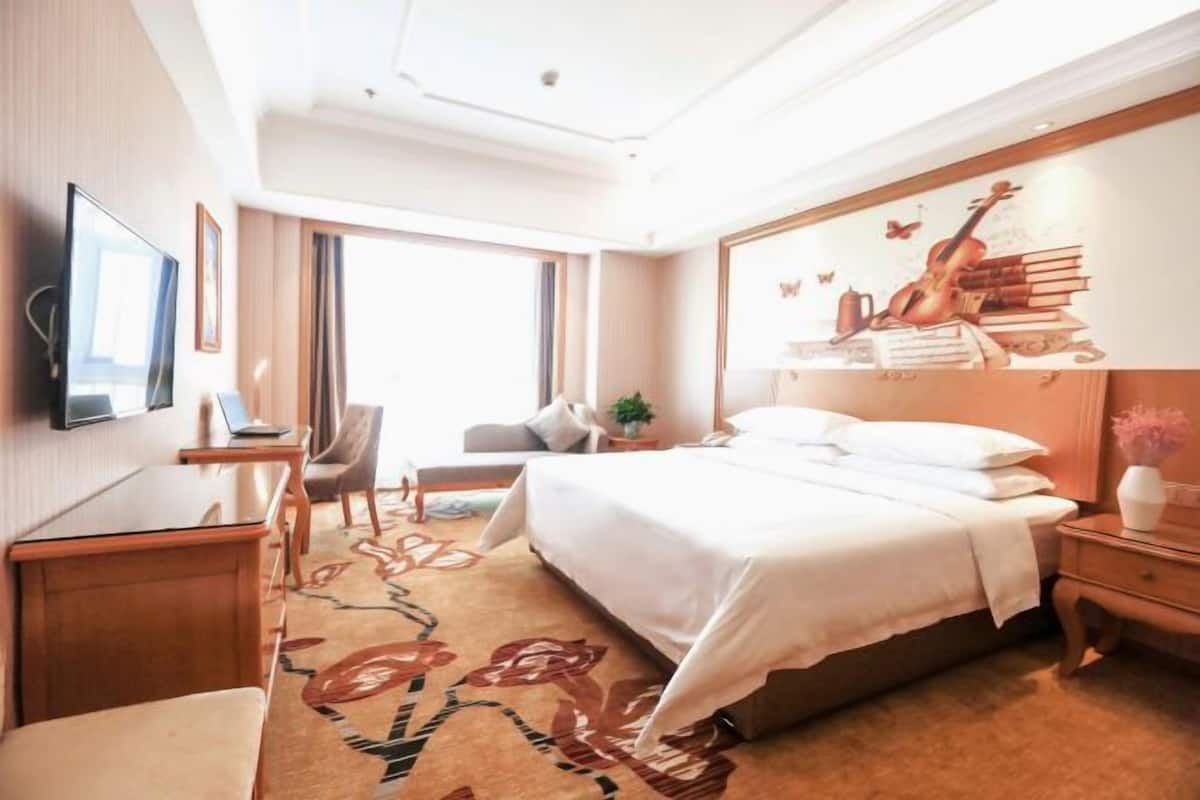 Une chambre d’hôtel comprenant un lit, un bureau, une chaise, une télévision et un mur orné d’un instrument de musique et de livres.