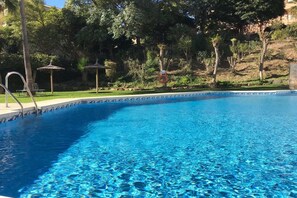 A clear blue swimming pool with a metal ladder on the left, surrounded by trees and a grassy area.