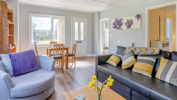 Ein modernes Wohnzimmer mit einem grauen Sofa, einem Esstisch mit Stühlen und einem Holzregal.