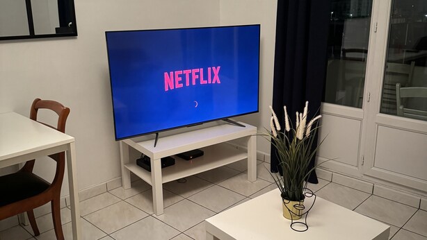 Un soggiorno moderno con una televisione a schermo piatto che mostra 'NETFLIX', un tavolo da pranzo, una sedia e un tavolino con una pianta.