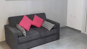 Un canapé gris agrémenté de deux coussins roses et de deux coussins noirs et blancs à motifs, dans une pièce dont le mur est blanc et qui possède une porte.