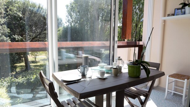 Ein Balkon mit Tisch, Stühlen, einer Topfpflanze und Blick auf Bäume und ein Auto.