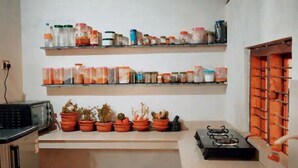 A kitchen with two shelves of jars and containers, a gas stove, and several potted plants on the counter. - Entire Villa at the Heart of the Wayanad Forest. (Thirunelly)